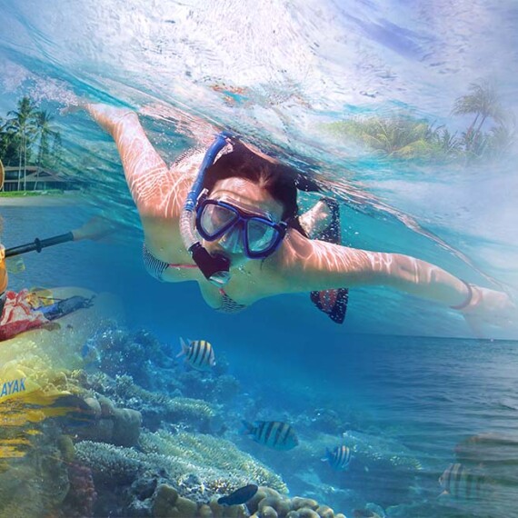 A vibrant collage of ladies enjoying kayaking and paddle boarding on clam waters.